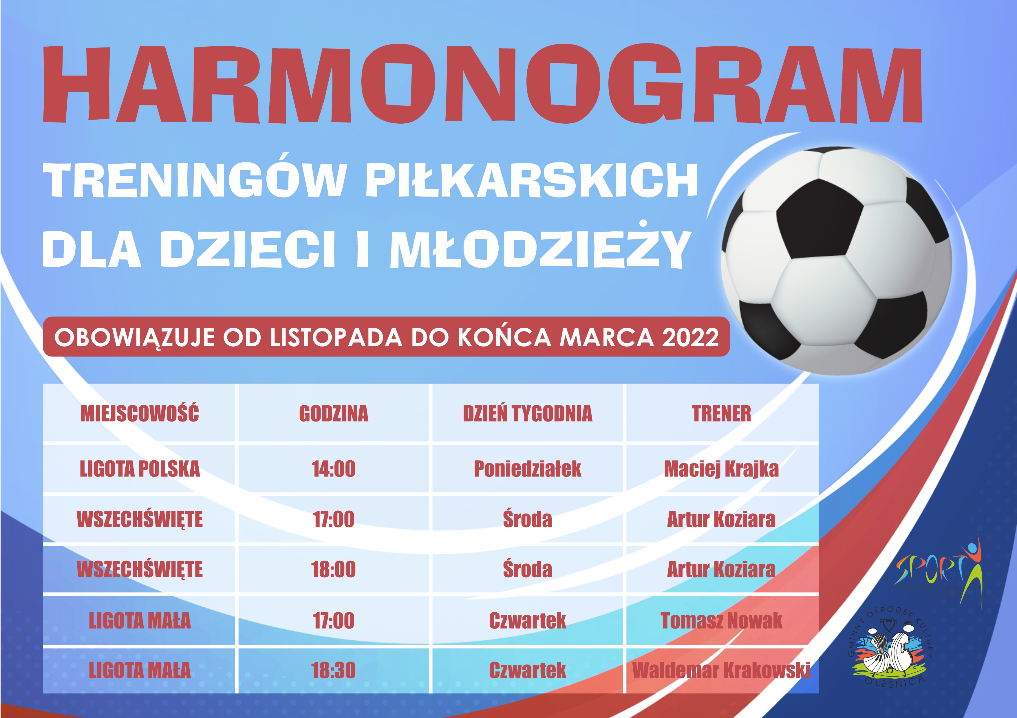 harmonogram jesień - wiosna 2022